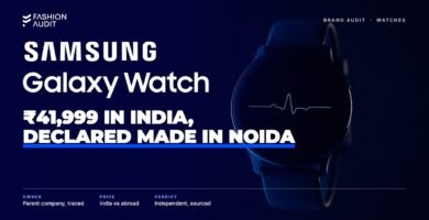 Samsung Galaxy Watch brand audit by FashionAudit: Samsung Galaxy Watch logo over a round smartwatch showing a heart-rate graph