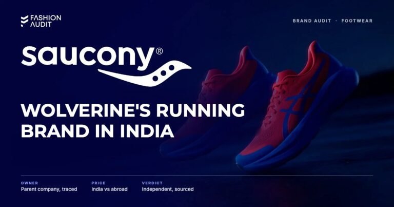 Saucony brand audit by FashionAudit: Saucony logo and the headline “Wolverine's Running Brand in India” over a pair of lightweight cushioned running shoes in bold colours