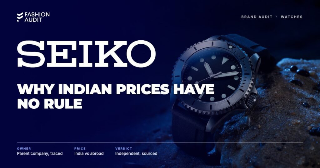 Seiko brand audit by FashionAudit: Seiko logo over a rugged automatic diver's watch with a black dial and luminous markers