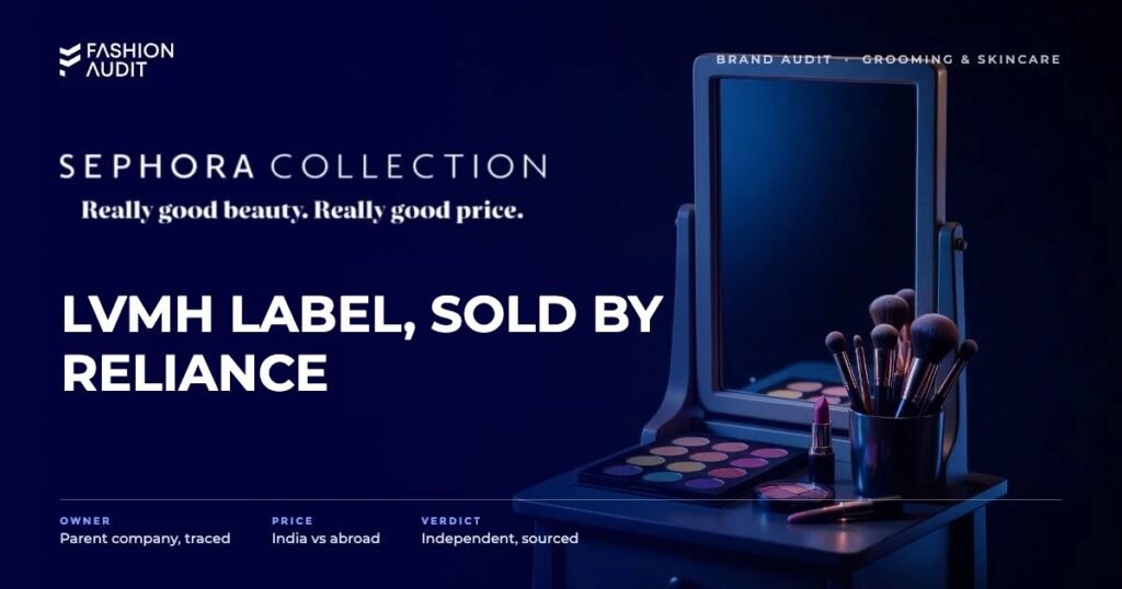 Sephora Collection brand audit by FashionAudit: Sephora Collection logo and the headline “LVMH Label, Sold by Reliance” over a vanity table with a mirror