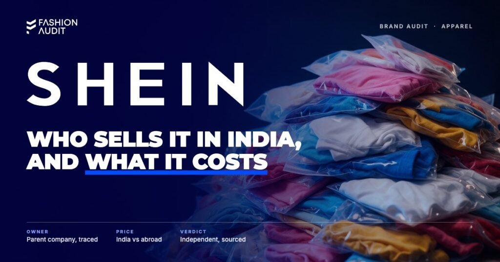 Shein brand audit by FashionAudit: Shein logo over a heap of colourful fast-fashion garments in plastic shipping pouches