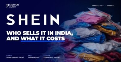 Shein brand audit by FashionAudit: Shein logo over a heap of colourful fast-fashion garments in plastic shipping pouches