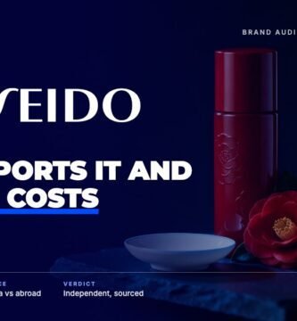 Shiseido brand audit by FashionAudit: Shiseido logo over a red lacquered skincare bottle