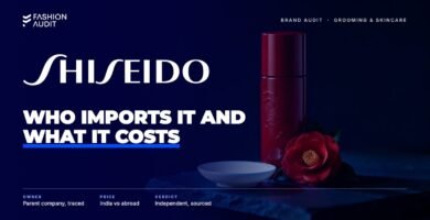 Shiseido brand audit by FashionAudit: Shiseido logo over a red lacquered skincare bottle