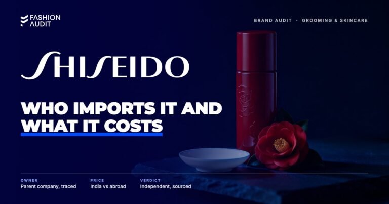 Shiseido brand audit by FashionAudit: Shiseido logo over a red lacquered skincare bottle