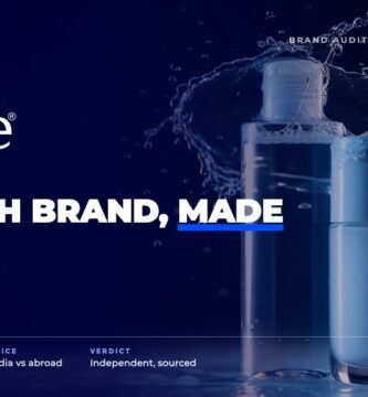 Simple brand audit by FashionAudit: Simple logo over gentle micellar water and moisturiser bottles with fresh water splash