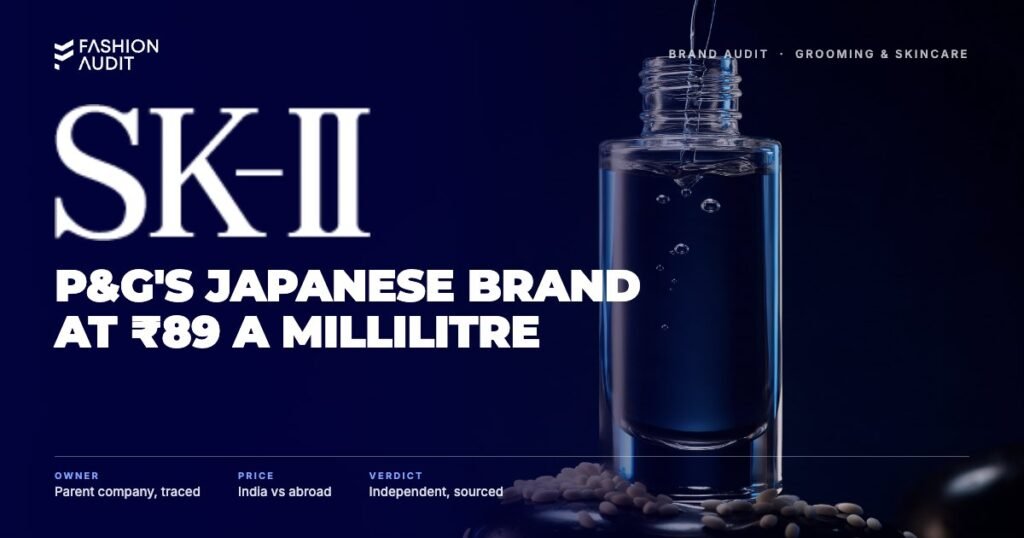 SK-II brand audit by FashionAudit: SK-II logo over a tall crystal-clear essence bottle