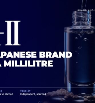 SK-II brand audit by FashionAudit: SK-II logo over a tall crystal-clear essence bottle