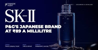 SK-II brand audit by FashionAudit: SK-II logo over a tall crystal-clear essence bottle