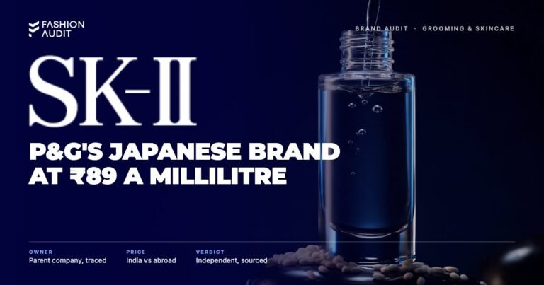 SK-II brand audit by FashionAudit: SK-II logo over a tall crystal-clear essence bottle