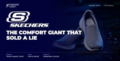 Skechers brand audit by FashionAudit: Skechers logo over a pair of soft-cushioned slip-on walking sneakers in heather grey