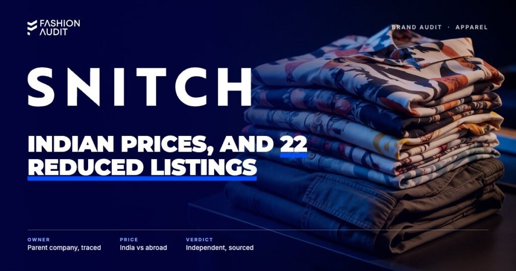 Snitch brand audit by FashionAudit: Snitch logo over men's printed shirts and cargo trousers