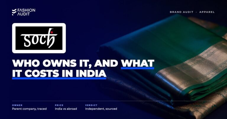 Soch brand audit by FashionAudit: Soch logo over a rich silk saree in deep green with zari border folded on brocade