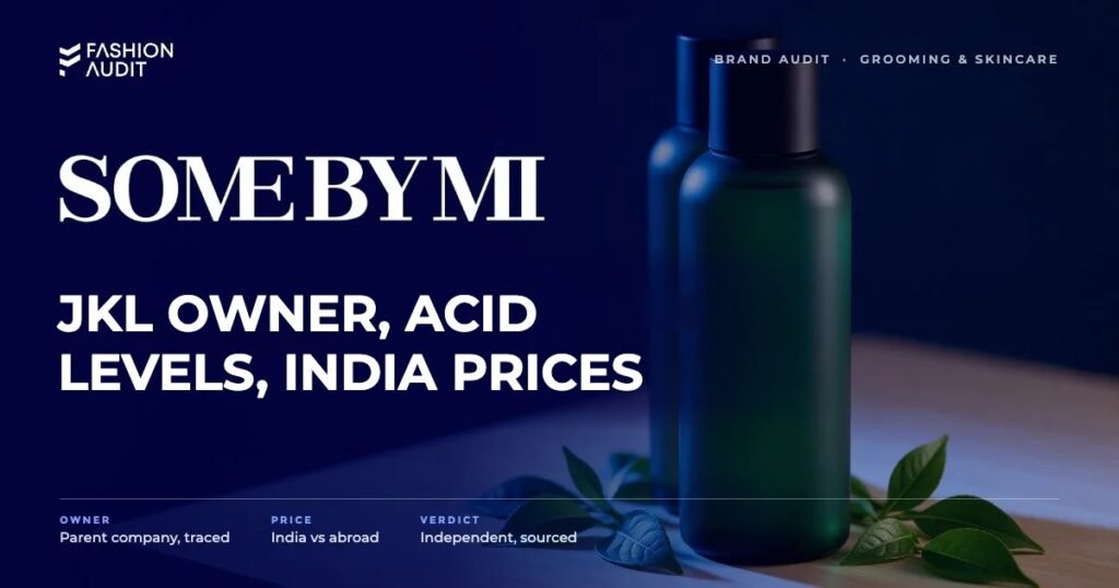 Some By Mi brand audit by FashionAudit: Some By Mi logo and the headline “JKL Owner, Acid Levels, India Prices” over Korean acne-care toner bottles with tea tree leaves on light wood