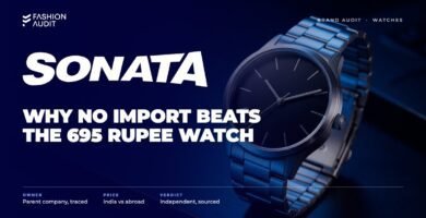 Sonata brand audit by FashionAudit: Sonata logo over a budget-friendly analog watch with a metal strap on a work desk
