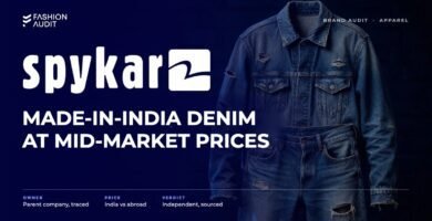 Spykar brand audit by FashionAudit: Spykar logo and the headline “Made-in-India Denim at Mid-Market Prices” over distressed denim jeans and a denim jacket on a brick wall background