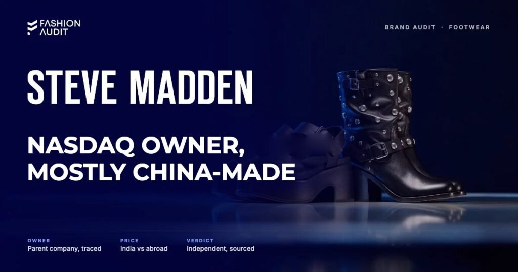 Steve Madden brand audit by FashionAudit: Steve Madden logo and the headline “NASDAQ Owner, Mostly China-Made” over a pair of chunky platform sandals and studded ankle boots on a mirrored stage