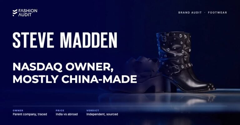 Steve Madden brand audit by FashionAudit: Steve Madden logo and the headline “NASDAQ Owner, Mostly China-Made” over a pair of chunky platform sandals and studded ankle boots on a mirrored stage
