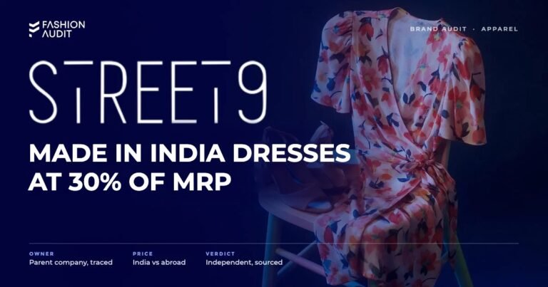 Street 9 brand audit by FashionAudit: Street 9 logo and the headline “Made in India Dresses at 30% of MRP” over a flirty printed wrap dress and block heels on a pastel stool