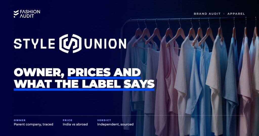 Style Union brand audit by FashionAudit: Style Union logo over casual women's co-ord sets and t-shirts in pastel tones on a rail
