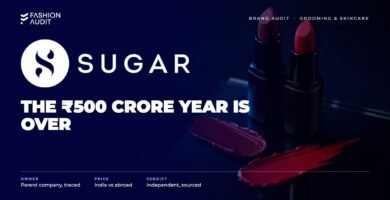SUGAR Cosmetics brand audit by FashionAudit: SUGAR Cosmetics logo over bold matte lipsticks in black cases with pigment swatches on black glass