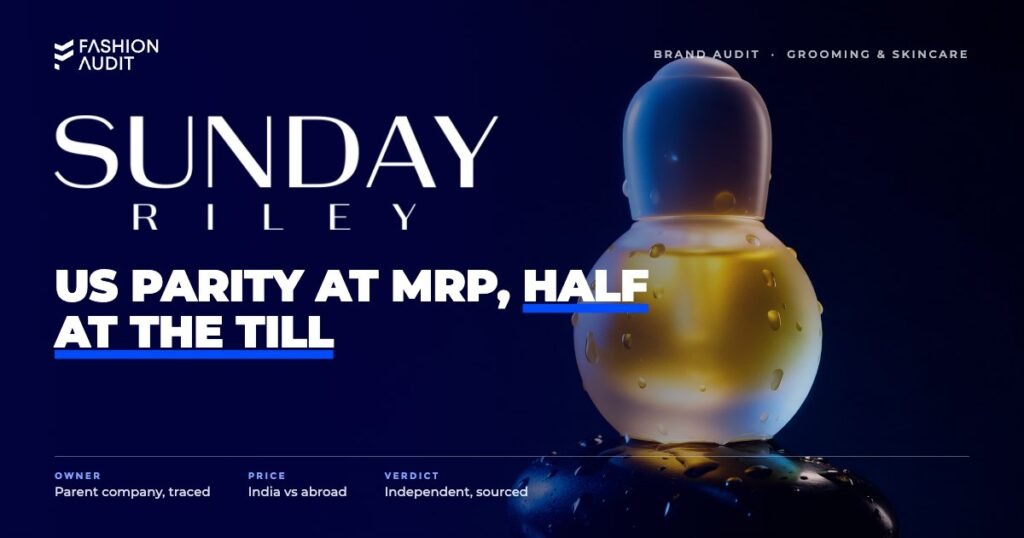 Sunday Riley brand audit by FashionAudit: Sunday Riley logo over a glowing face oil bottle with golden droplets on black stone