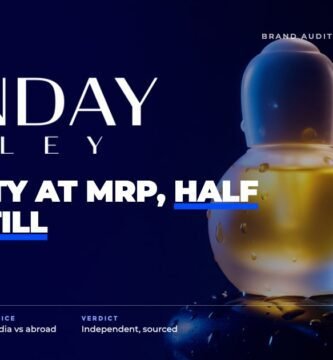 Sunday Riley brand audit by FashionAudit: Sunday Riley logo over a glowing face oil bottle with golden droplets on black stone