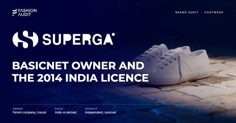 Superga brand audit by FashionAudit: Superga logo and the headline “BasicNet Owner and the 2014 India Licence” over a pair of classic white canvas low-top plimsolls on a sunny Italian piazza stone