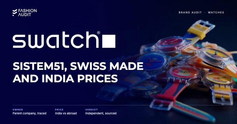 Swatch brand audit by FashionAudit: Swatch logo and the headline “Sistem51, Swiss Made and India Prices” over a cluster of playful colourful plastic watches with transparent cases