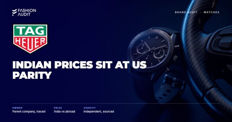TAG Heuer brand audit by FashionAudit: TAG Heuer logo over a racing chronograph watch with a black dial and tachymeter bezel