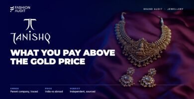 Tanishq brand audit by FashionAudit: Tanishq logo over an ornate Indian gold temple necklace and kundan earrings on maroon silk