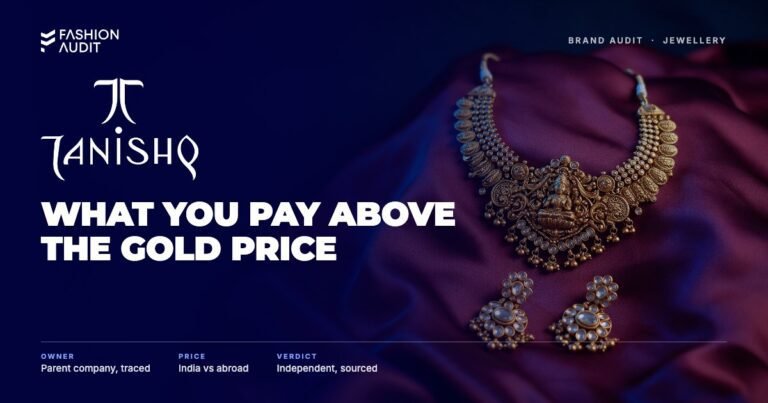 Tanishq brand audit by FashionAudit: Tanishq logo over an ornate Indian gold temple necklace and kundan earrings on maroon silk