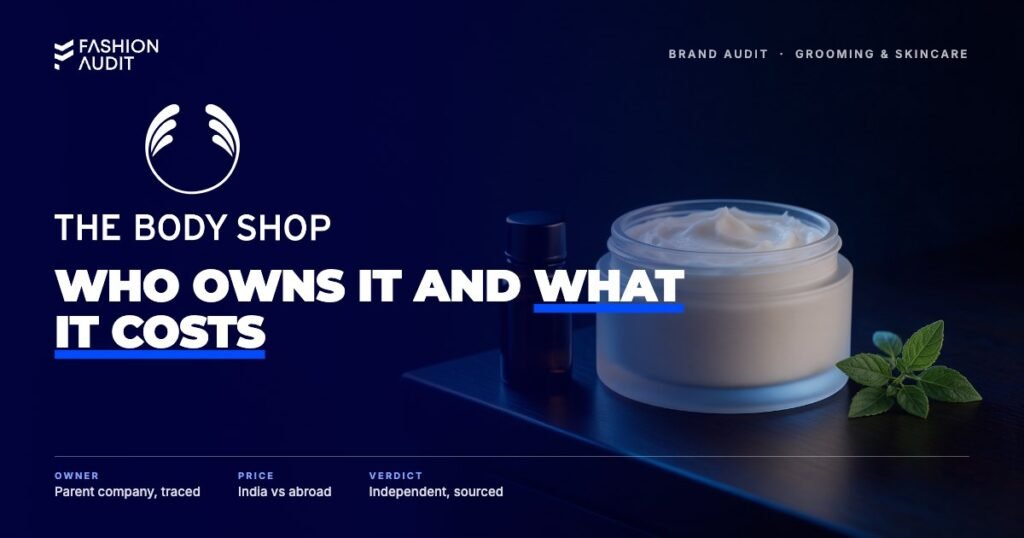 The Body Shop brand audit by FashionAudit: The Body Shop logo over body butter, a small oil bottle and green leaves