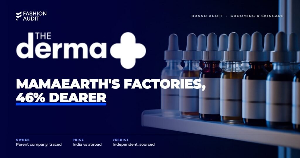 The Derma Co brand audit by FashionAudit: The Derma Co logo over clinical serum dropper bottles in a neat row on a white lab shelf
