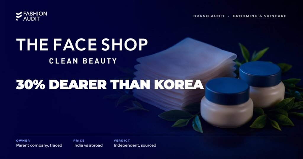 The Face Shop brand audit by FashionAudit: The Face Shop logo over Korean sheet masks and natural-ingredient cream jars with green tea leaves