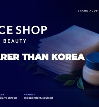 The Face Shop brand audit by FashionAudit: The Face Shop logo over Korean sheet masks and natural-ingredient cream jars with green tea leaves