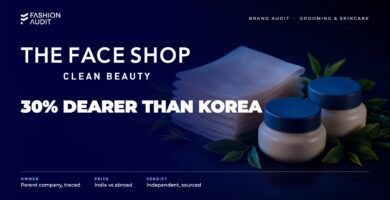 The Face Shop brand audit by FashionAudit: The Face Shop logo over Korean sheet masks and natural-ingredient cream jars with green tea leaves