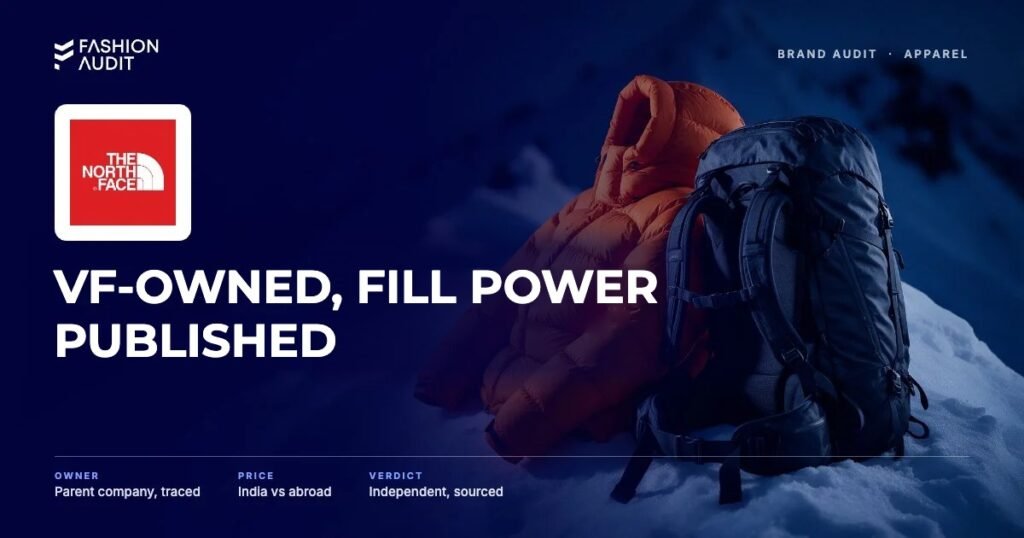 The North Face brand audit by FashionAudit: The North Face logo and the headline “VF-Owned, Fill Power Published” over a bright expedition down jacket and a technical backpack
