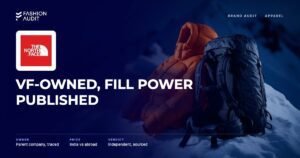 The North Face brand audit by FashionAudit: The North Face logo and the headline “VF-Owned, Fill Power Published” over a bright expedition down jacket and a technical backpack