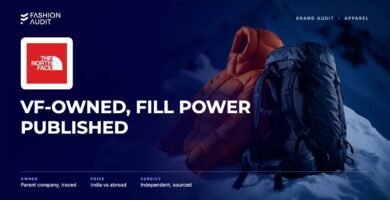 The North Face brand audit by FashionAudit: The North Face logo and the headline “VF-Owned, Fill Power Published” over a bright expedition down jacket and a technical backpack