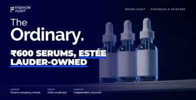 The Ordinary brand audit by FashionAudit: The Ordinary logo over minimalist clinical dropper bottles with white labels on a grey shelf