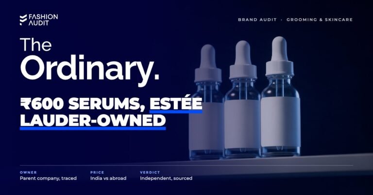 The Ordinary brand audit by FashionAudit: The Ordinary logo over minimalist clinical dropper bottles with white labels on a grey shelf