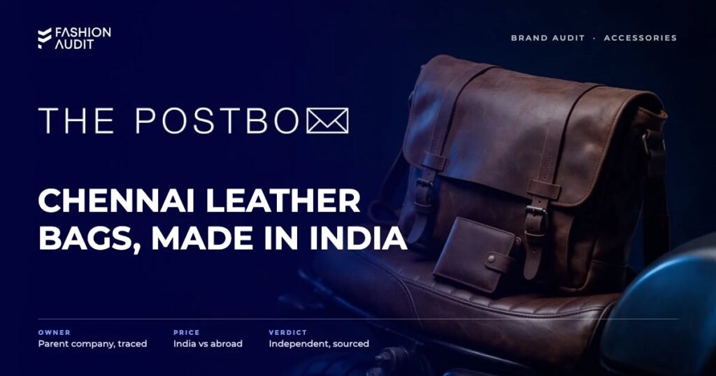 The Postbox brand audit by FashionAudit: The Postbox logo and the headline “Chennai Leather Bags, Made in India” over a rugged leather bike-messenger bag and a wallet on a vintage motorcycle seat