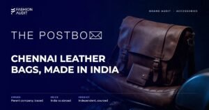 The Postbox brand audit by FashionAudit: The Postbox logo and the headline “Chennai Leather Bags, Made in India” over a rugged leather bike-messenger bag and a wallet on a vintage motorcycle seat