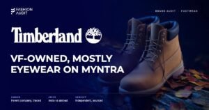 Timberland brand audit by FashionAudit: Timberland logo and the headline “VF-Owned, Mostly Eyewear on Myntra” over a pair of classic wheat nubuck work boots with padded collars