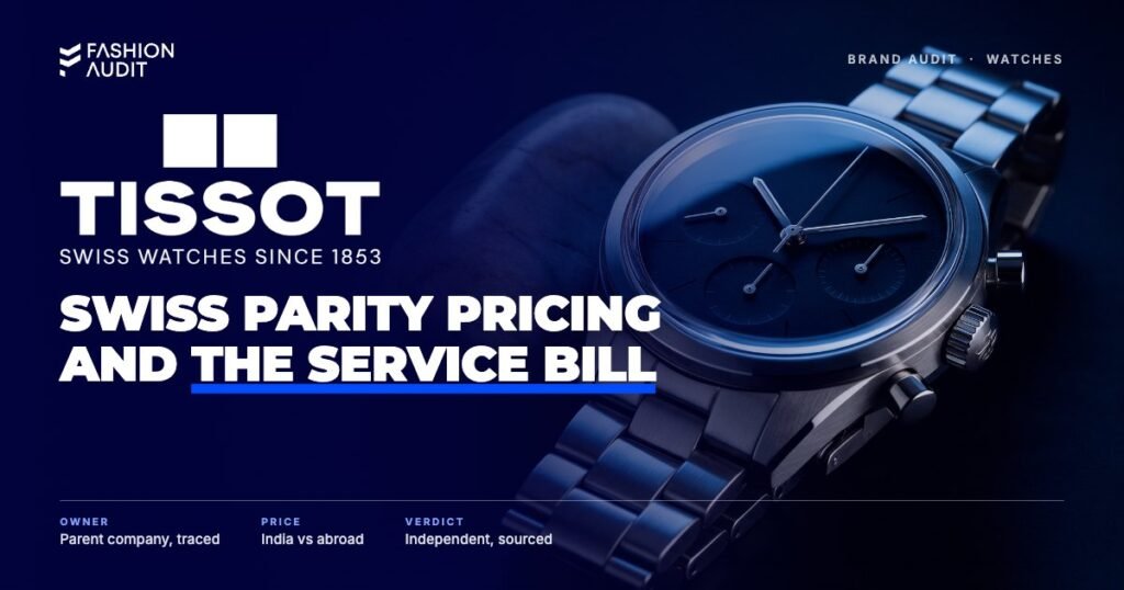 Tissot brand audit by FashionAudit: Tissot logo over a classic Swiss chronograph watch