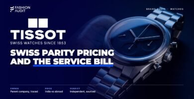 Tissot brand audit by FashionAudit: Tissot logo over a classic Swiss chronograph watch