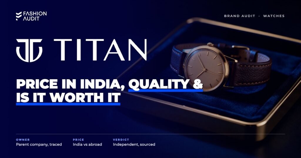 Titan brand audit by FashionAudit: Titan logo over a classic gold-tone analog watch with a leather strap on a velvet tray