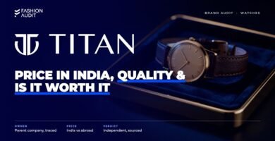 Titan brand audit by FashionAudit: Titan logo over a classic gold-tone analog watch with a leather strap on a velvet tray