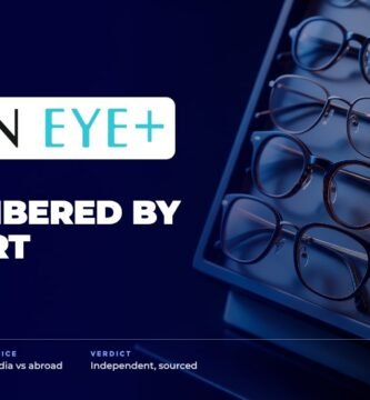 Titan Eyeplus brand audit by FashionAudit: Titan Eyeplus logo over a selection of optical eyeglass frames on a display stand